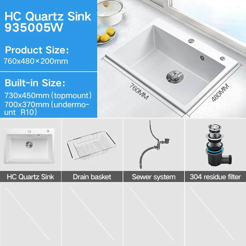 HIGOLD 30 Inch Kitchen Quartz Sink Single Bowl Topmount & Undermount Sink White Black Colorful Quartz High-Value Sink