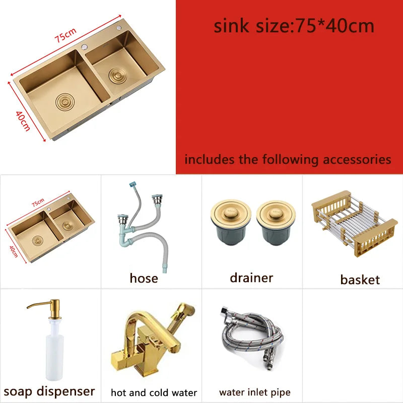 Gold Kitchen Sink Above Counter or Undermount double Bowl Goldn Basket Drainer Soap Dispenser Washing Basin 304 Stainless Steel