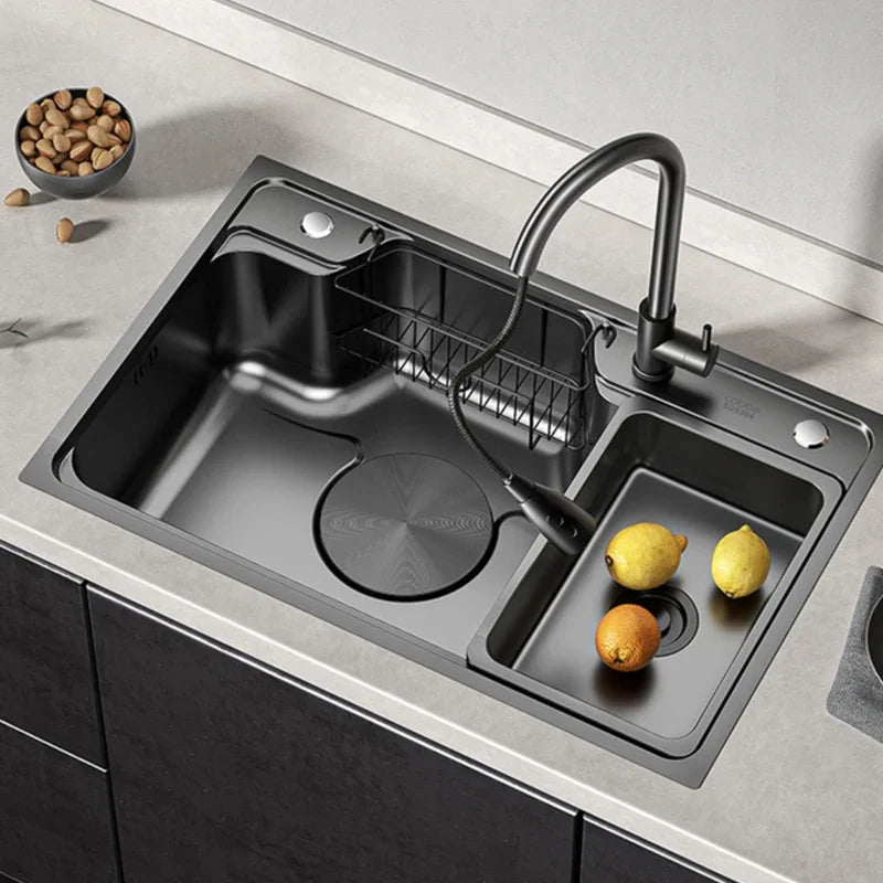 Large Multiple Size Black Grey Nano Kitchen Sink Thickened Wash Basin Single Bowl Topmount Undermount   Faucet Drain