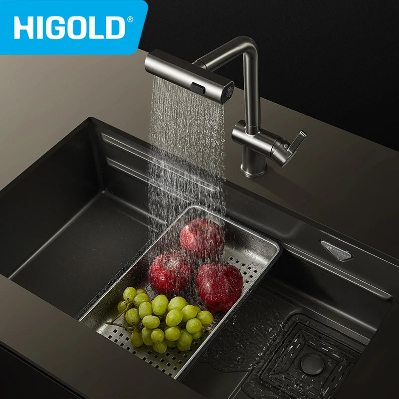 HIGOLD Waterfall Faucet 304 Stainless Steel Swivel Pull Out Rainscreen Rainfall Faucet Multi-Function Hot and Cold Water Faucet