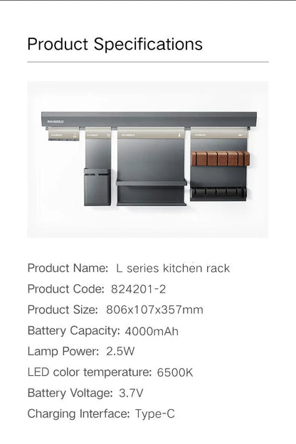 HIGOLD LED Light Kitchen Rack Wall Mounted With Hook & Knife Rack & Seasoning Rack 4-piece Set Of Integrated Racks