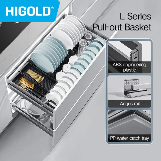 HIGOLD 500mm Cabinet Pull Basket Double Drawer With Dish Rack 304 Stainless Steel Kitchen Storage Dish Basket Premium Grey