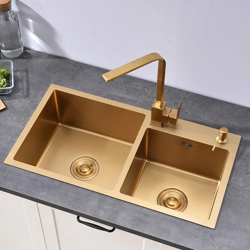 Gold Kitchen Sink Above Counter or Undermount double Bowl Goldn Basket Drainer Soap Dispenser Washing Basin 304 Stainless Steel