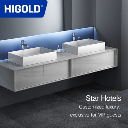 HIGOLD Rectangle Basin Sink Quartz Material Bathroom Vanity Washbasin White Hotel Style Support Custom OEM and ODM