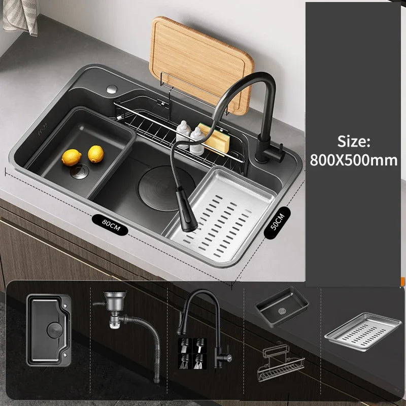 Large Multiple Size Black Grey Nano Kitchen Sink Thickened Wash Basin Single Bowl Topmount Undermount   Faucet Drain