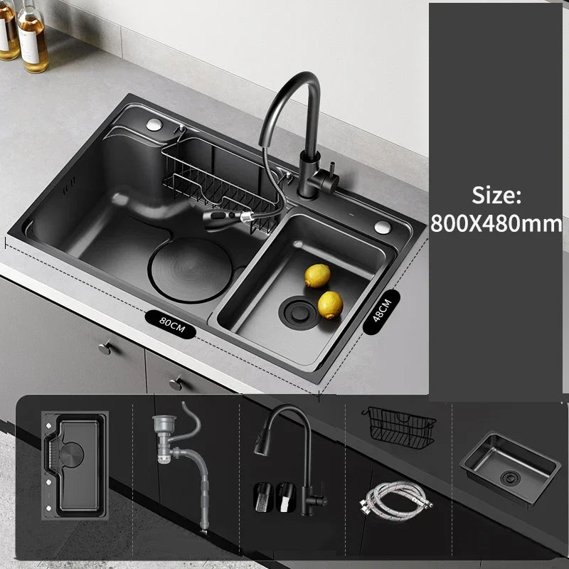 Large Multiple Size Black Grey Nano Kitchen Sink Thickened Wash Basin Single Bowl Topmount Undermount   Faucet Drain