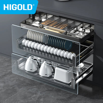 HIGOLD 500mm Cabinet Pull Basket Double Drawer With Dish Rack 304 Stainless Steel Kitchen Storage Dish Basket Premium Grey