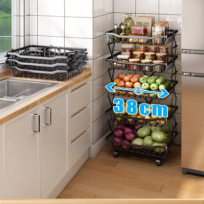 Degree Tier Stainless With Kitchen Vegetable Swivel Shelf Storage Shelf Wheels 360 Foldable Rack Fruit 5 Steel Floor Basket