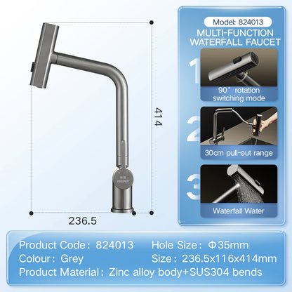 HIGOLD Waterfall Faucet 304 Stainless Steel Swivel Pull Out Rainscreen Rainfall Faucet Multi-Function Hot and Cold Water Faucet