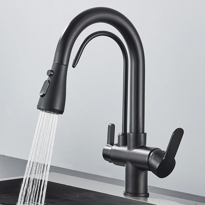 Black Filtered Crane For Kitchen Pull Out Spray 360 Rotation Water Filter Tap Three Ways Sink Mixer Kitchen Faucet