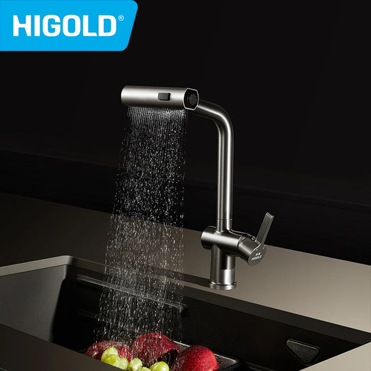 HIGOLD Waterfall Faucet 304 Stainless Steel Swivel Pull Out Rainscreen Rainfall Faucet Multi-Function Hot and Cold Water Faucet