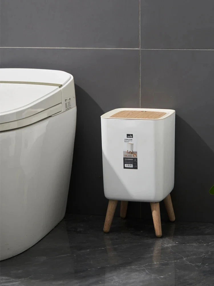 Trash Can with Lid Press Dustbin for Living Room Toilet Bathroom Kitchen Garbage Bucket High Foot Imitation Wood Rubbish Can