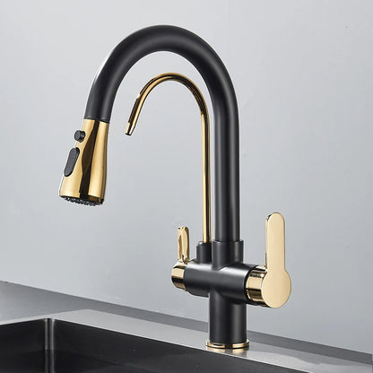 Black Filtered Crane For Kitchen Pull Out Spray 360 Rotation Water Filter Tap Three Ways Sink Mixer Kitchen Faucet