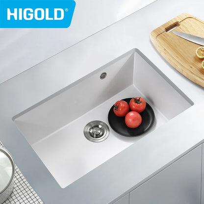 HIGOLD 30 Inch Kitchen Quartz Sink Single Bowl Topmount & Undermount Sink White Black Colorful Quartz High-Value Sink