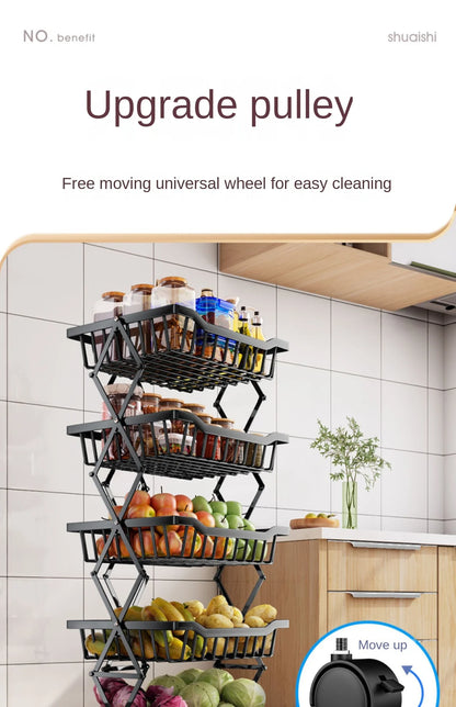 Degree Tier Stainless With Kitchen Vegetable Swivel Shelf Storage Shelf Wheels 360 Foldable Rack Fruit 5 Steel Floor Basket