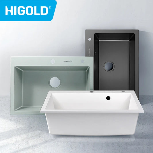 HIGOLD 30 Inch Kitchen Quartz Sink Single Bowl Topmount & Undermount Sink White Black Colorful Quartz High-Value Sink