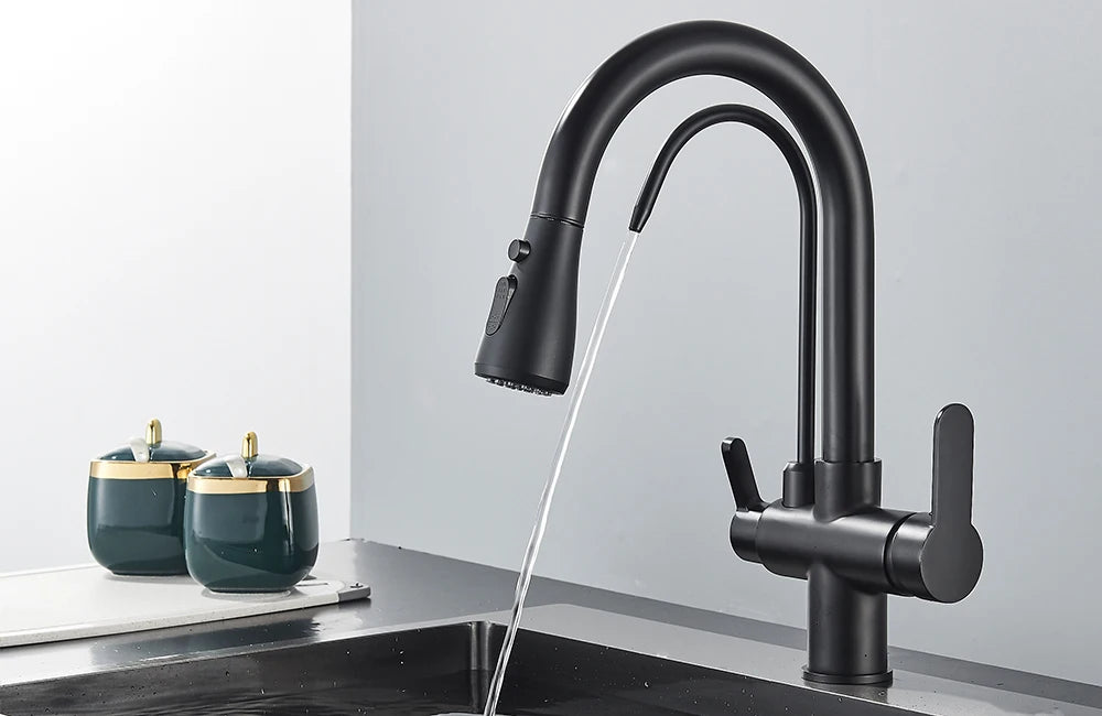 Black Filtered Crane For Kitchen Pull Out Spray 360 Rotation Water Filter Tap Three Ways Sink Mixer Kitchen Faucet