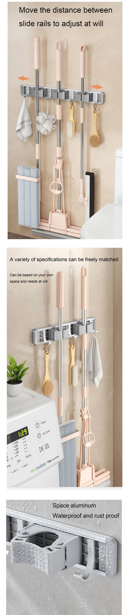 Wall Mounted Mop Organizer Broom Holder Mop Clip Stand Brush Rack Hanging Pipe Hook Kitchen Storage Bathroom Accessories Tools