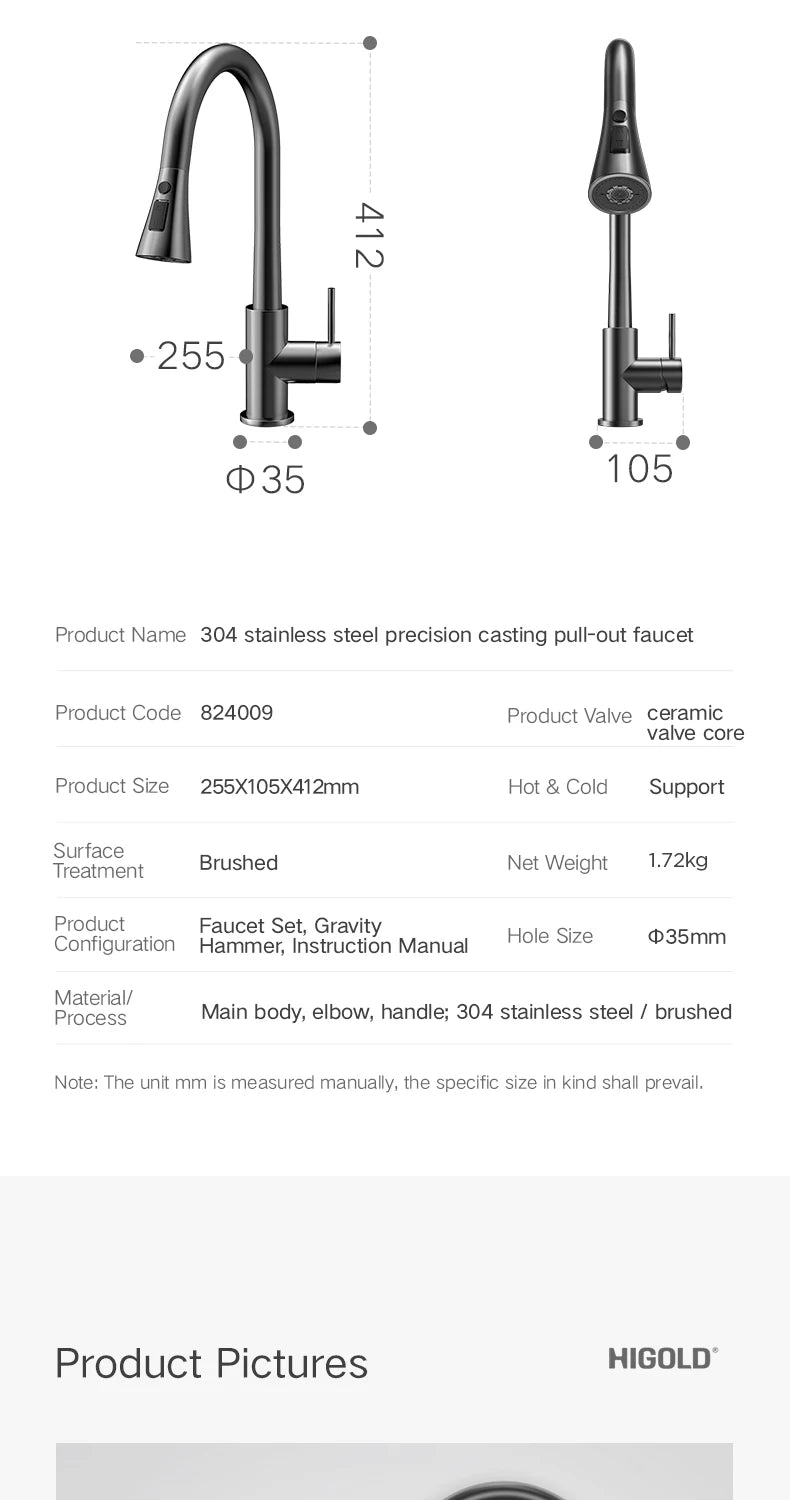 HIGOLD Kitchen Faucet Triple Function Pull-out Faucets Stainless Steel Different Water Dispensing Modes