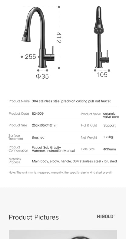 HIGOLD Kitchen Faucet Triple Function Pull-out Faucets Stainless Steel Different Water Dispensing Modes