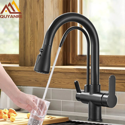 Black Filtered Crane For Kitchen Pull Out Spray 360 Rotation Water Filter Tap Three Ways Sink Mixer Kitchen Faucet