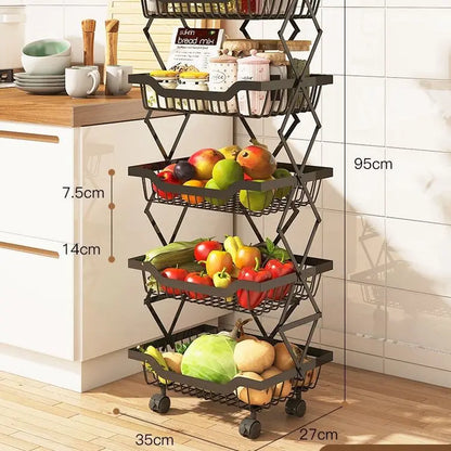 Degree Tier Stainless With Kitchen Vegetable Swivel Shelf Storage Shelf Wheels 360 Foldable Rack Fruit 5 Steel Floor Basket