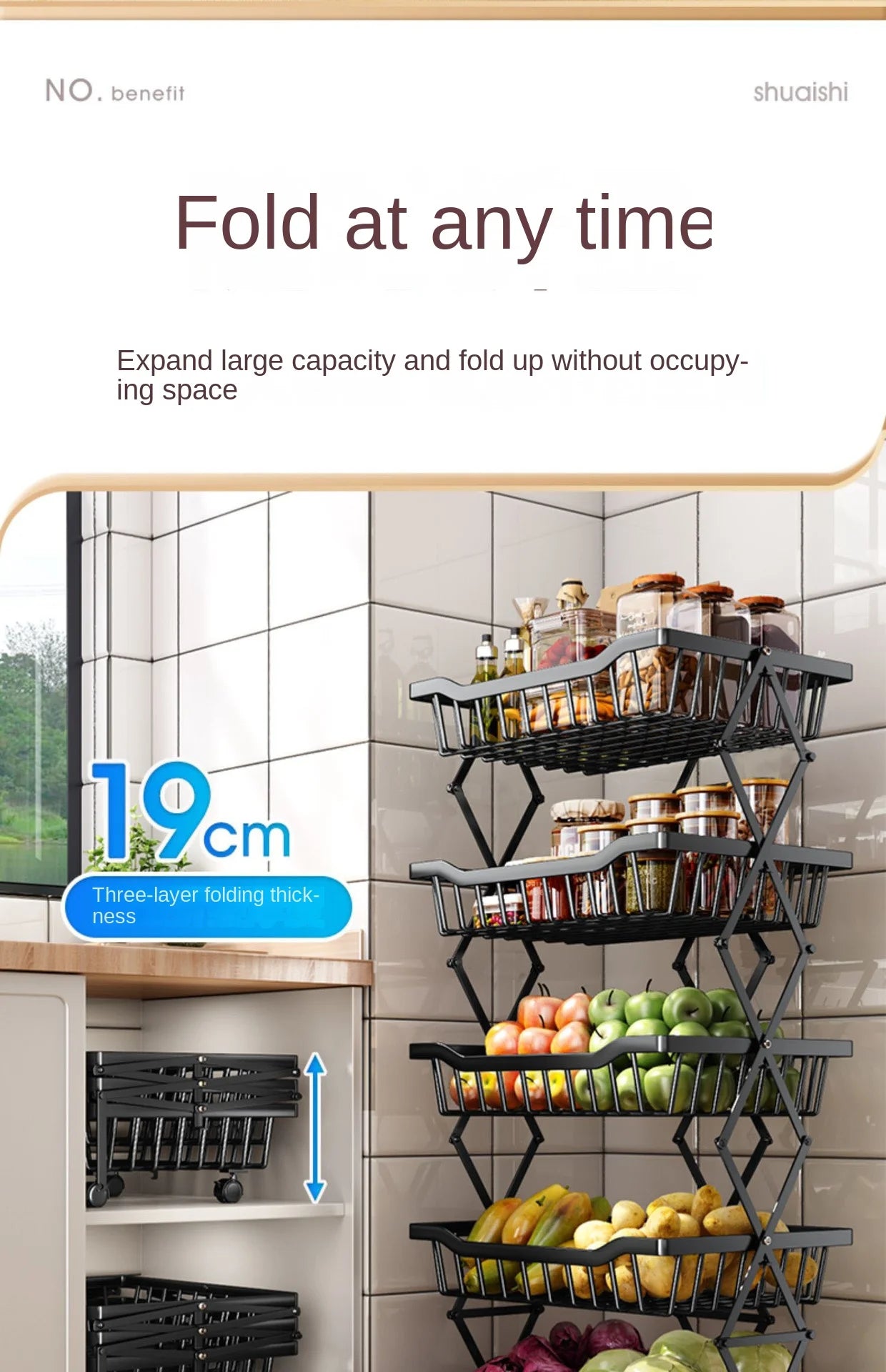 Degree Tier Stainless With Kitchen Vegetable Swivel Shelf Storage Shelf Wheels 360 Foldable Rack Fruit 5 Steel Floor Basket