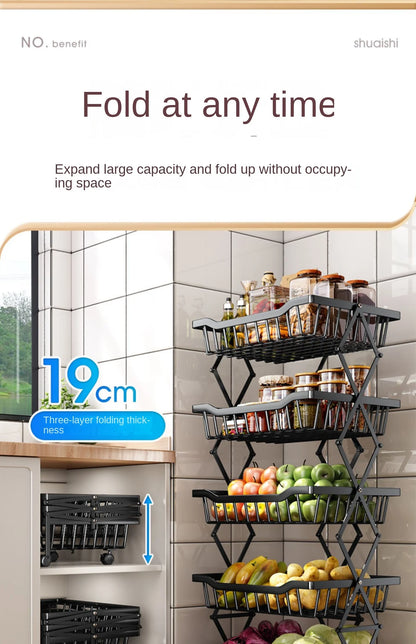 Degree Tier Stainless With Kitchen Vegetable Swivel Shelf Storage Shelf Wheels 360 Foldable Rack Fruit 5 Steel Floor Basket