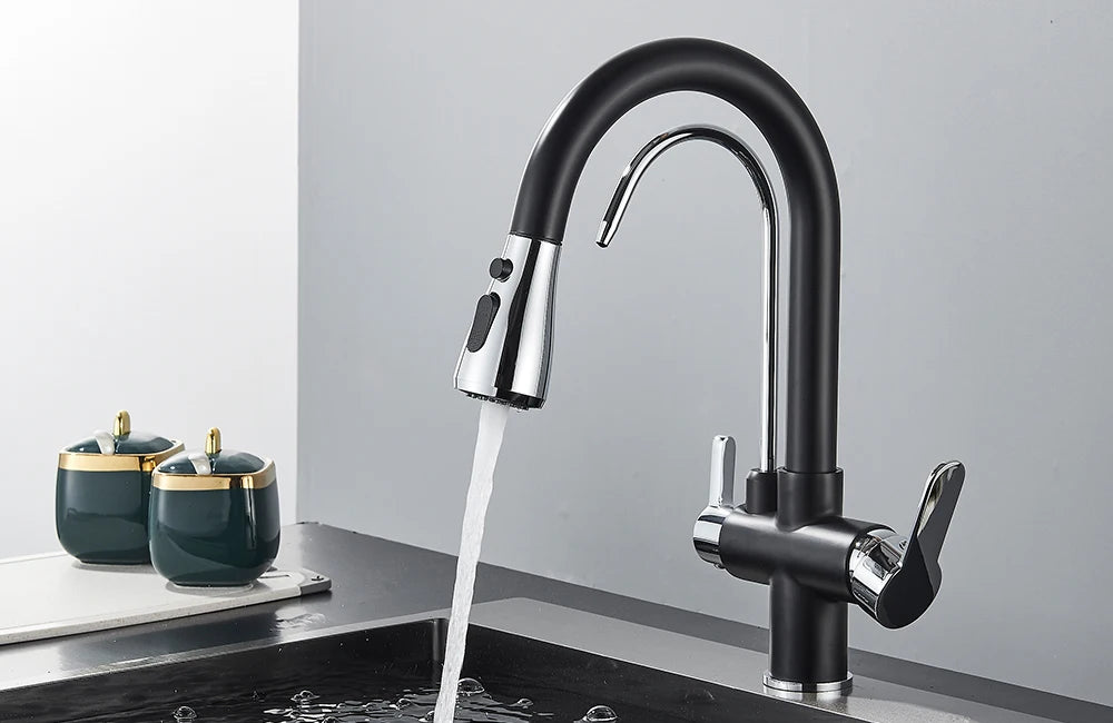 Black Filtered Crane For Kitchen Pull Out Spray 360 Rotation Water Filter Tap Three Ways Sink Mixer Kitchen Faucet