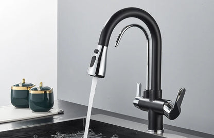 Black Filtered Crane For Kitchen Pull Out Spray 360 Rotation Water Filter Tap Three Ways Sink Mixer Kitchen Faucet