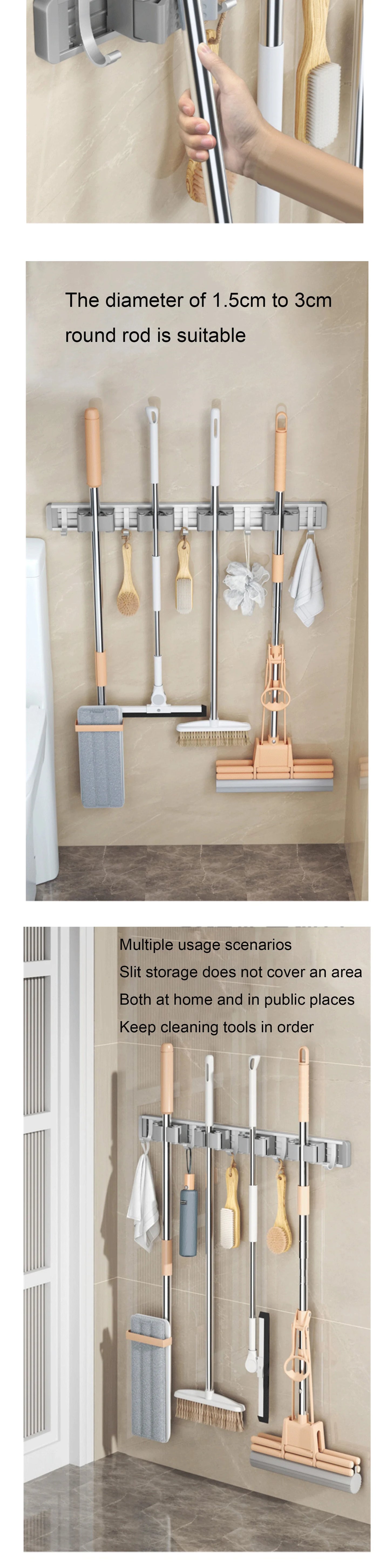 Wall Mounted Mop Organizer Broom Holder Mop Clip Stand Brush Rack Hanging Pipe Hook Kitchen Storage Bathroom Accessories Tools