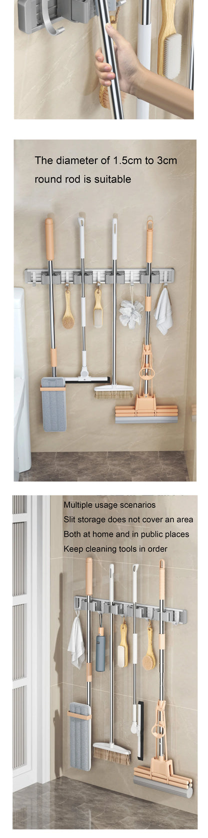 Wall Mounted Mop Organizer Broom Holder Mop Clip Stand Brush Rack Hanging Pipe Hook Kitchen Storage Bathroom Accessories Tools