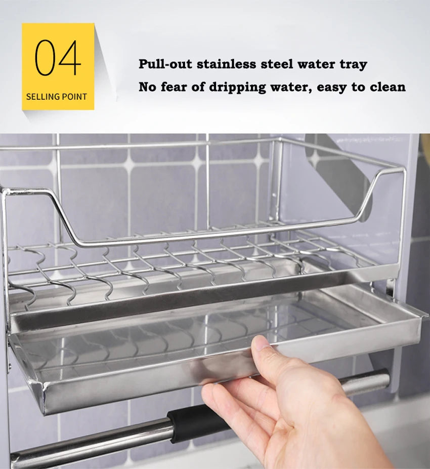 Kitchen hanging cabinet lifting dishes pull baskets 304 stainless steel double layer Damping hydraulic smooth lift bowls shelf