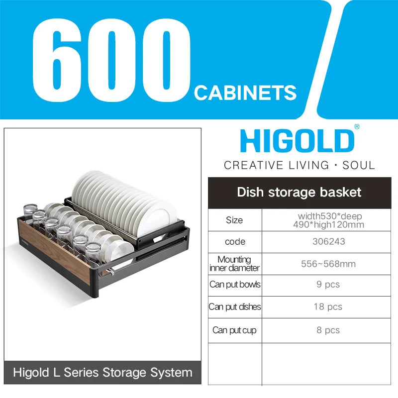 HIGOLD Functional Pull Basket Multi-layer Pull Out Basket 600mm Storage Rack High-end Can Store Wine Glasses Dishes