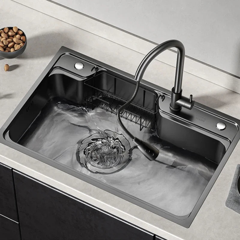 Large Multiple Size Black Grey Nano Kitchen Sink Thickened Wash Basin Single Bowl Topmount Undermount   Faucet Drain