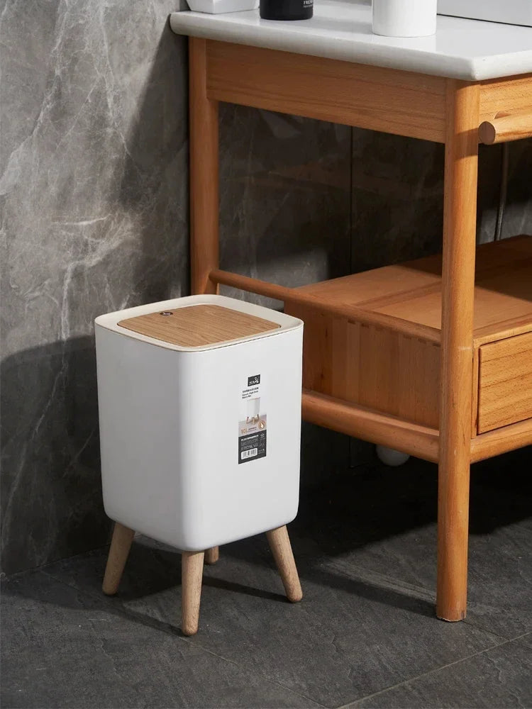 Trash Can with Lid Press Dustbin for Living Room Toilet Bathroom Kitchen Garbage Bucket High Foot Imitation Wood Rubbish Can