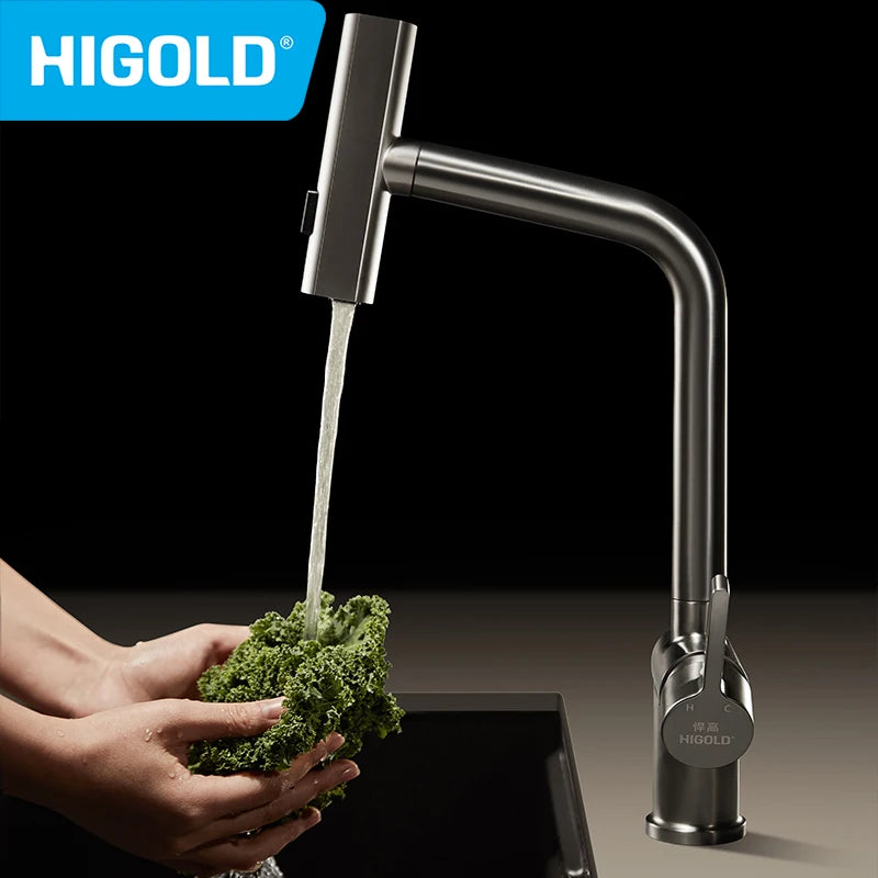 HIGOLD Waterfall Faucet 304 Stainless Steel Swivel Pull Out Rainscreen Rainfall Faucet Multi-Function Hot and Cold Water Faucet