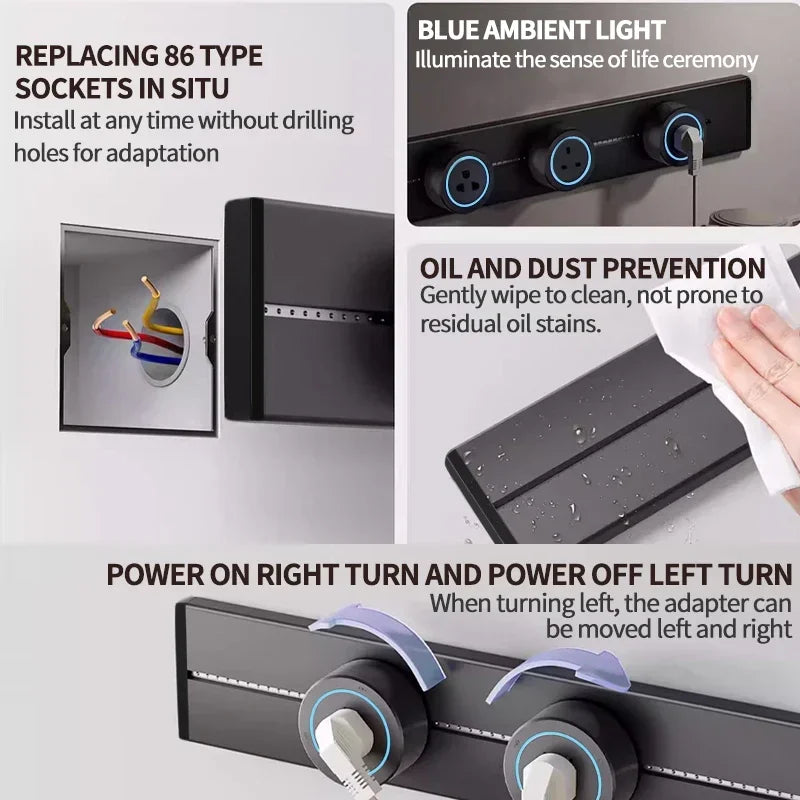 Slide Rail Power Track Socket Surface/Embedded Installation Socket UN/US/UK/EU/Universal US/USB Type-C Wall-Mounted Rail Socket