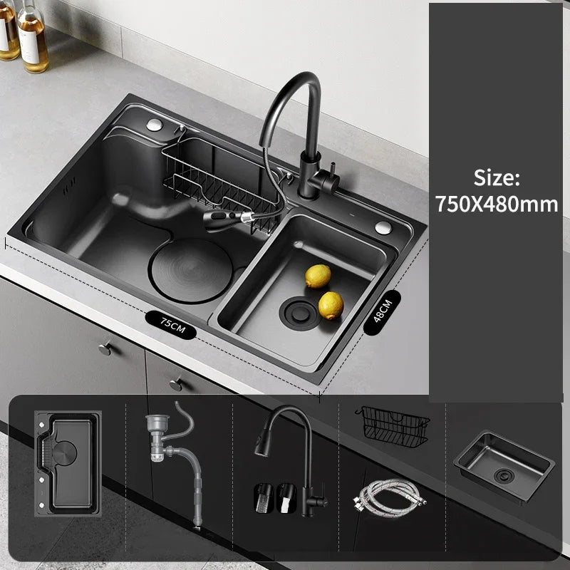 Large Multiple Size Black Grey Nano Kitchen Sink Thickened Wash Basin Single Bowl Topmount Undermount   Faucet Drain