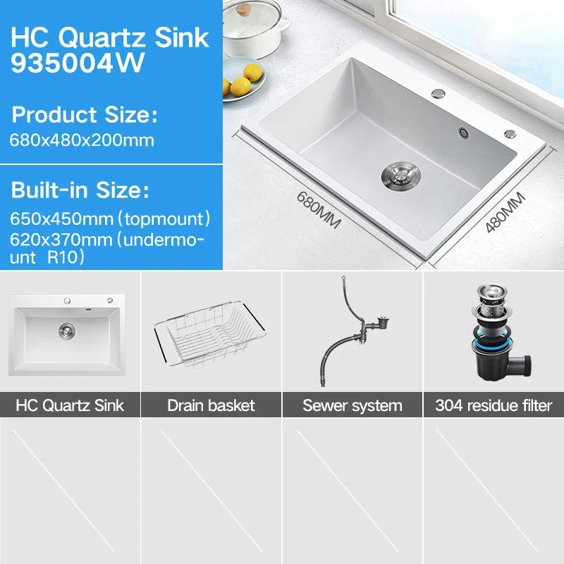 HIGOLD 30 Inch Kitchen Quartz Sink Single Bowl Topmount & Undermount Sink White Black Colorful Quartz High-Value Sink