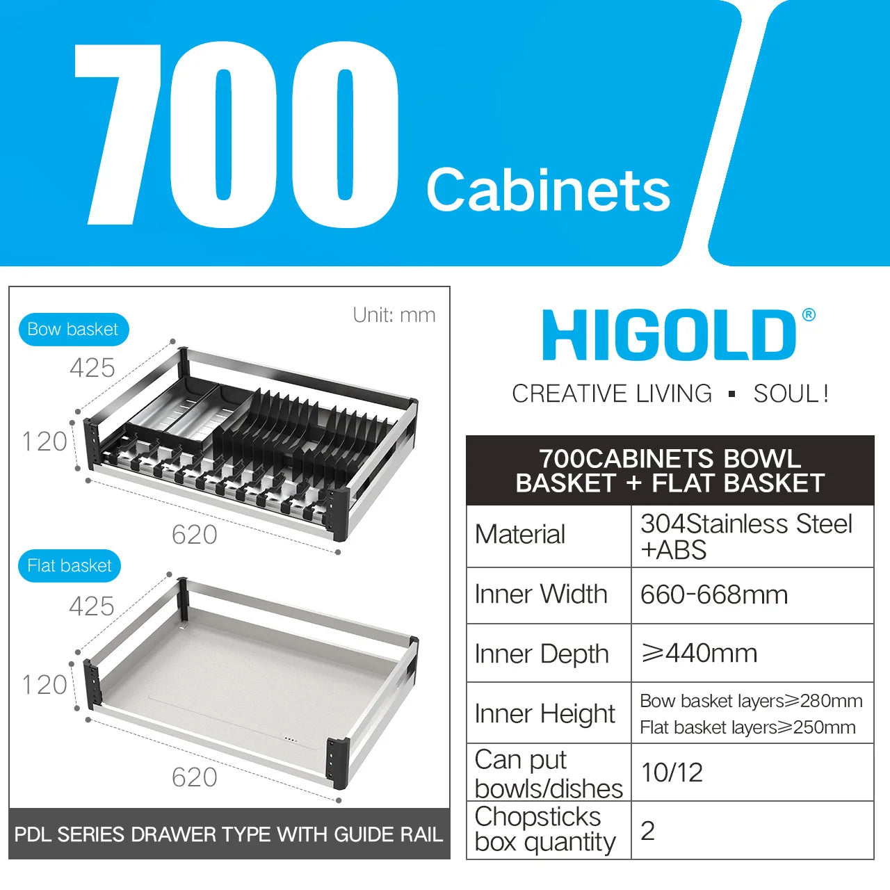 HIGOLD 600mm Kitchen Cabinet Basket Pull Drawer 800mm / 900mm 304 Stainless Steel Dish Storage Rack Combination Packages