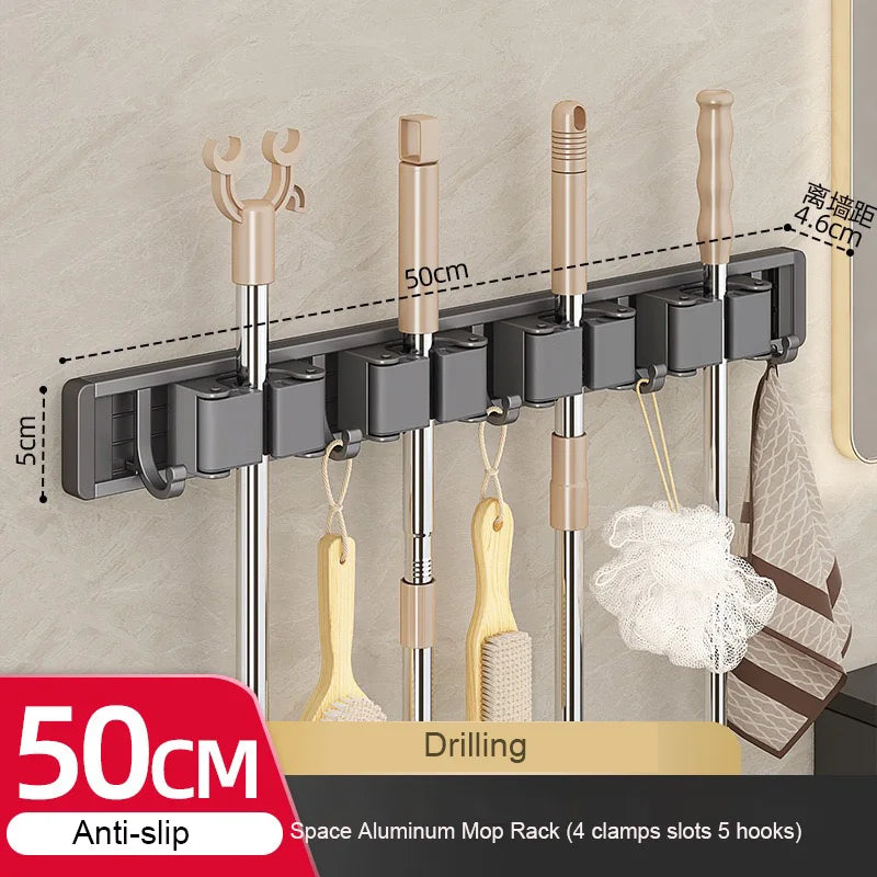 Wall Mounted Mop Organizer Broom Holder Mop Clip Stand Brush Rack Hanging Pipe Hook Kitchen Storage Bathroom Accessories Tools