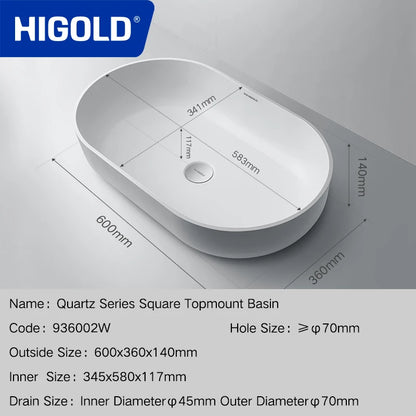 HIGOLD 600mm Basin Sink Oval Bathroom Wash Sink Topmount Installation White European Style Hotel Bathroom Cabinet Washbasin