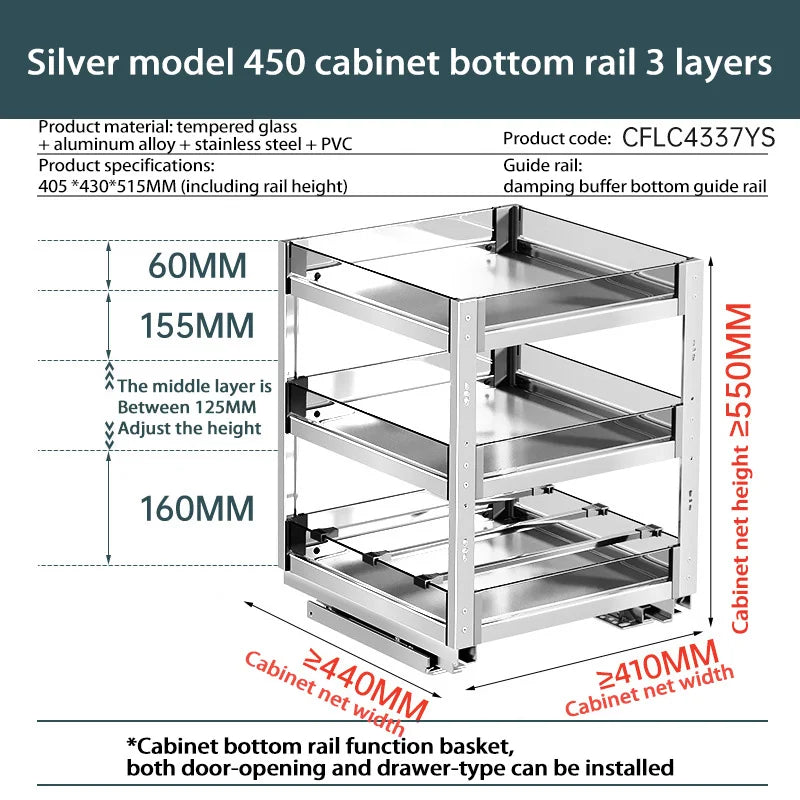 Kitchen Narrow Cabinet Drawer Condiments Seasoning Pull Basket Pull-Out Storage Rack Aluminum Alloy Narrow Cabinet Drawer Shelf