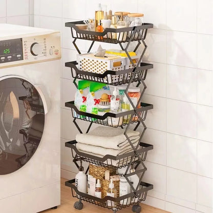 Degree Tier Stainless With Kitchen Vegetable Swivel Shelf Storage Shelf Wheels 360 Foldable Rack Fruit 5 Steel Floor Basket