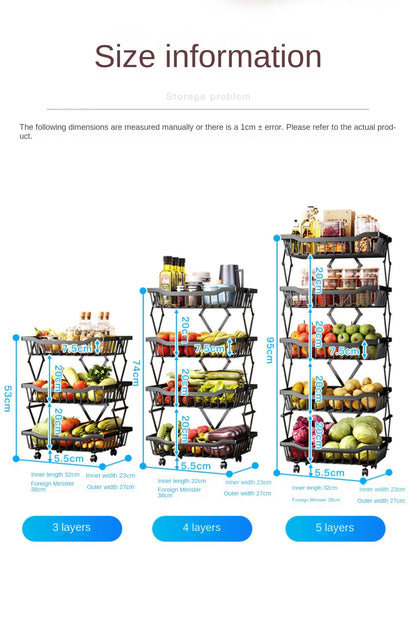 Degree Tier Stainless With Kitchen Vegetable Swivel Shelf Storage Shelf Wheels 360 Foldable Rack Fruit 5 Steel Floor Basket