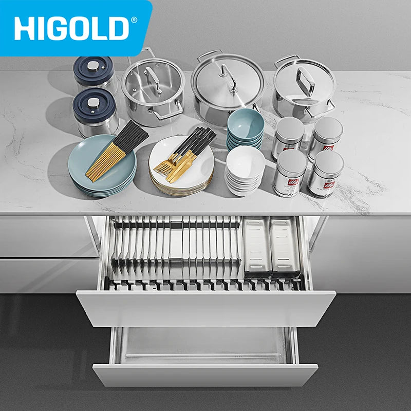 HIGOLD 600mm Kitchen Cabinet Basket Pull Drawer 800mm / 900mm 304 Stainless Steel Dish Storage Rack Combination Packages