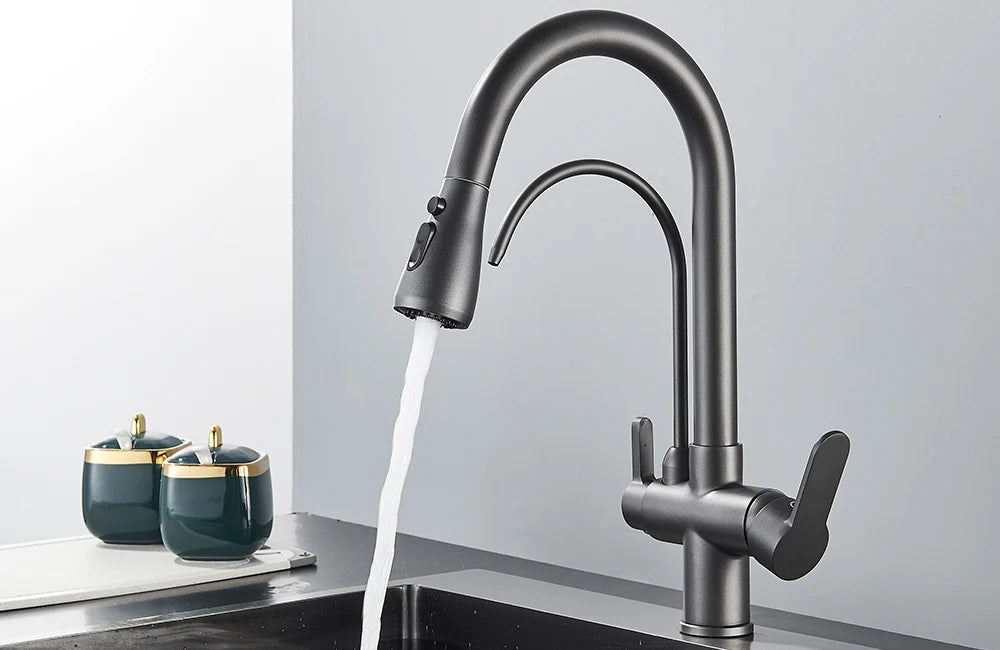 Black Filtered Crane For Kitchen Pull Out Spray 360 Rotation Water Filter Tap Three Ways Sink Mixer Kitchen Faucet