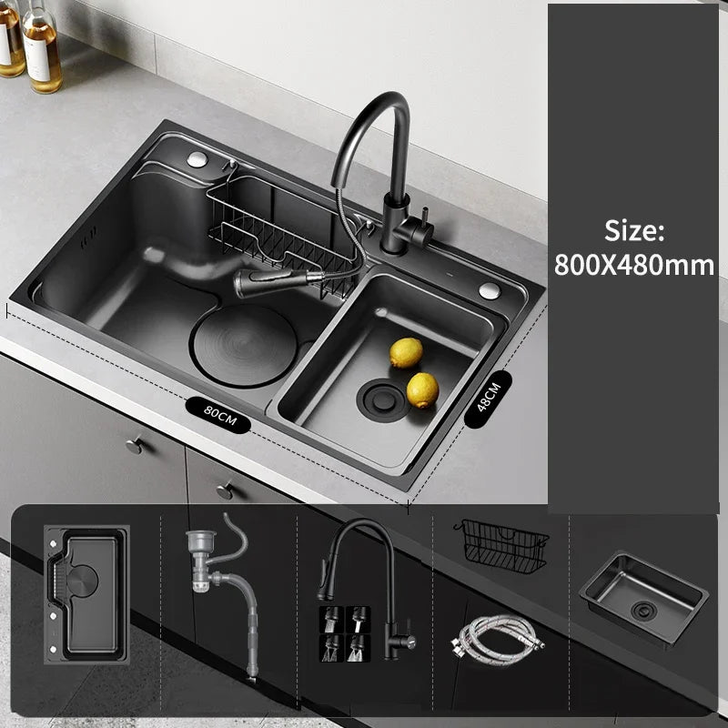 Large Multiple Size Black Grey Nano Kitchen Sink Thickened Wash Basin Single Bowl Topmount Undermount   Faucet Drain