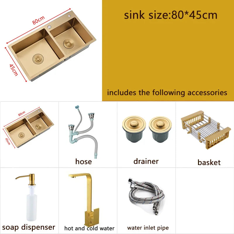 Gold Kitchen Sink Above Counter or Undermount double Bowl Goldn Basket Drainer Soap Dispenser Washing Basin 304 Stainless Steel